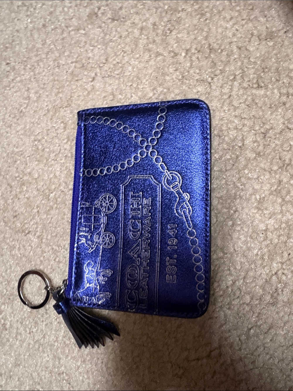 Coach Metallic Royal Blue Leather Zip Card Case with Tassel Keyring